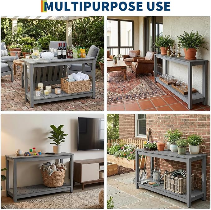 48 Inch 2-Shelf Console Table, Indoor Outdoor 2-Tier Patio Buffet Table with Adjustable Foot Pad, Wooden Bar Storage Organizer, Entryway Side Table for Patio, Porch, Backyard, Garden, Balcony