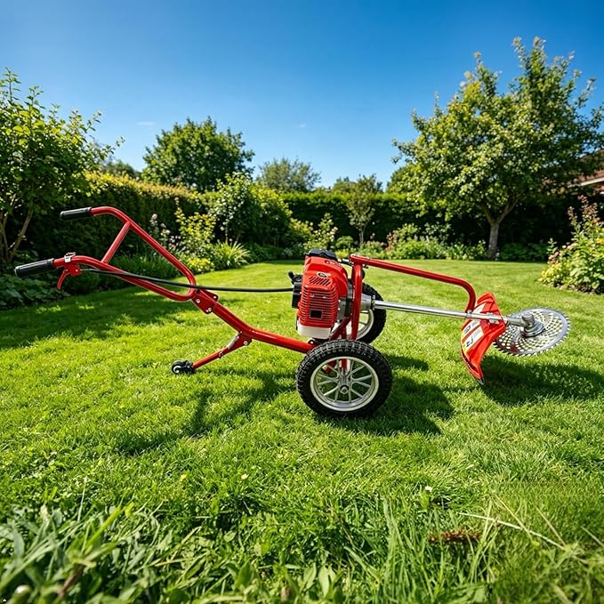 Walk-Behind Brush Cutter, 7000rpm High Speed 2-Stroke Gasoline Powered Hand-Push Lawn Mower with Handles, 49 Cc 1500w 2-in-1 Lawn Mower Machine for Soil Loosening and Mowing (Red)
