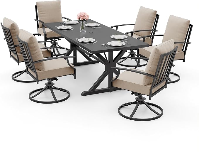ALAULM 7-Piece Patio Dining Set,Outdoor Metal Dining Set with 6 Swivel Chairs & Rectangle Table with 1.5 Umbrella Hole, Patio Dining Table and Chairs for Backyard, Sand