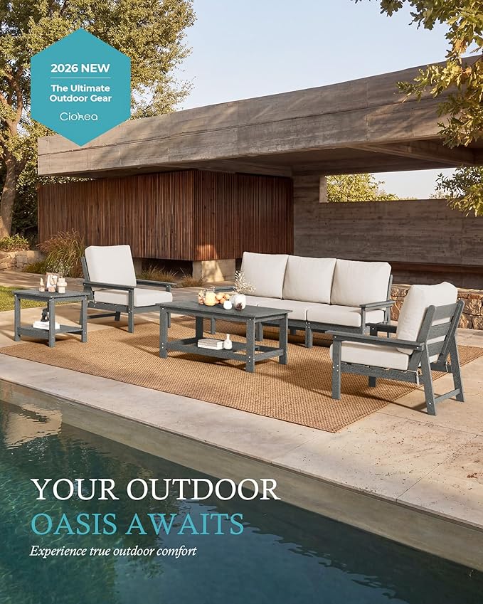 Ciokea Modular Patio Furniture Set with Thicked Cushions, 7Pcs All-Weather Outdoor Conversation Set with Coffee Table & Side Table, Modern Sectional Sofa Set for Deck (Grey Frame/Beige Cushions)