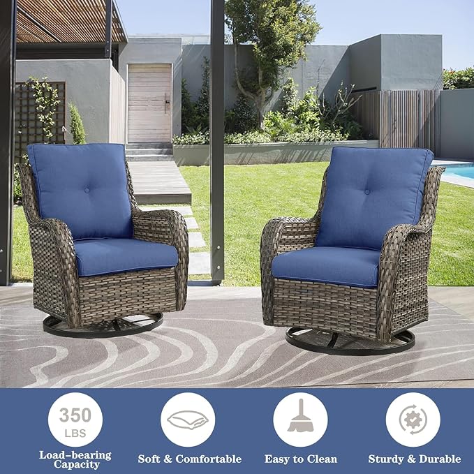 Belord Wicker Patio Furniture Sets - 8 Piece Rattan Outdoor Furniture Conversation Sets with 4 Swivel Rocker Chairs, Rattan Sofa, Wicker Ottomans and Coffee Table, Mixed Grey/Blue