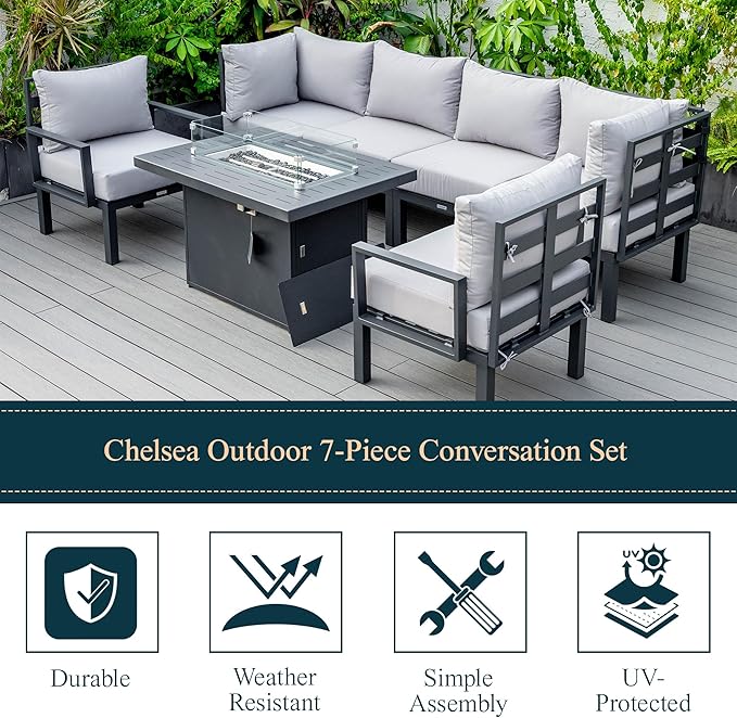 LeisureMod 7-Piece Outdoor Patio Conversation Set with Aluminum Sectional & Cushions, Propane Fire Pit Table with Black Stones, Wind Glass & Lid, Light Grey