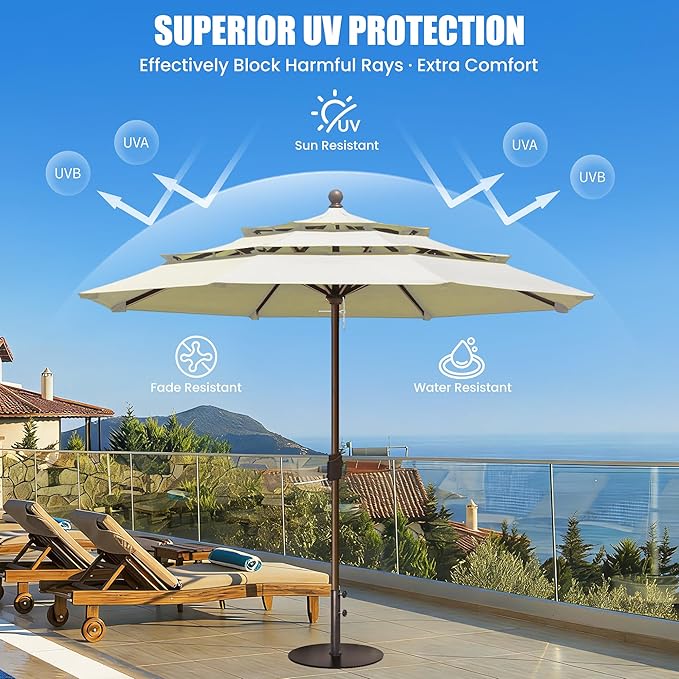 EliteShade USA 10-Year-Non-Fading 11ft 3-Tier Market Patio Umbrella, Commercial Grade Outdoor Table Umbrella with Crank Open, Windproof & UPF 50+ UV Protection, Heavy Duty Ventilation for Garden, Deck, Pool, Backyard, Beach & Bistro, No Tilt, Natural
