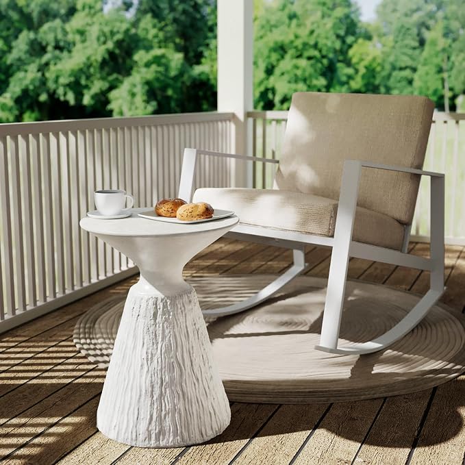 SUNBURY White Outdoor Side Table, Concrete Side Table Set of 2, Mushroom Side Table Plant Stand, End Table Accent Table Outside Marble Table Garden Stool for Patio, Poolside, White