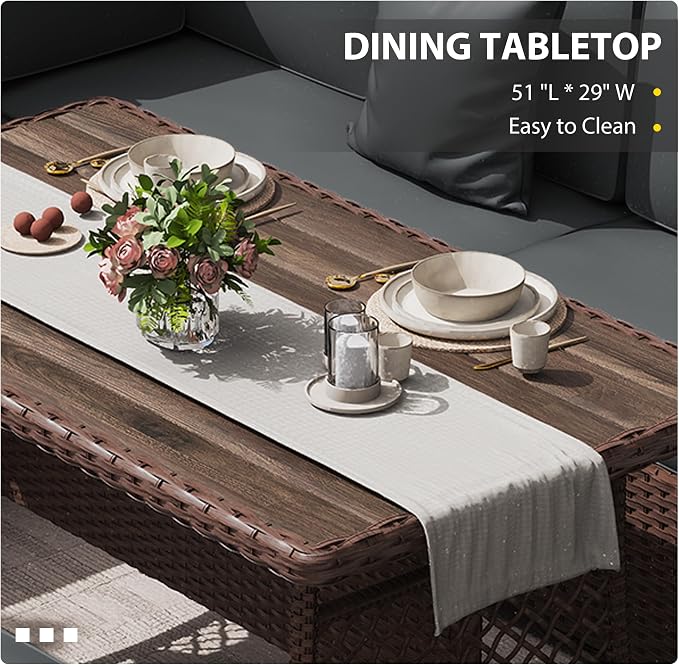 KIGOTY 7 Piece Patio Furniture Set, Outdoor PE Wicker Rattan Outdoor Dining Set, Patio Table and Chairs Set, Patio Conversation Sofa Set with Dining Table and Ottoman(Brown-Grey)