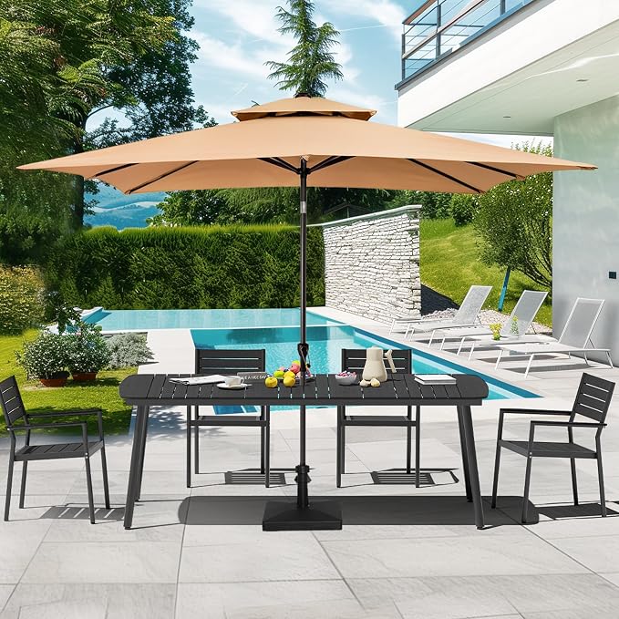 70" Outdoor Dining Table for 6, Black Patio Table | 1.6" Umbrella Hole Rectangle Table with Aluminum Frame and Waterproof Wood Grain Tabletop for Lawn Backyard Garden Poolside
