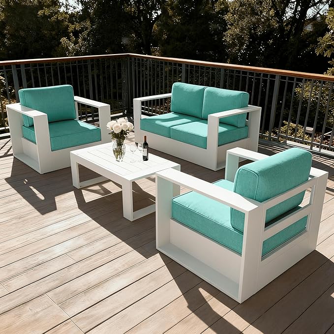 LayinSun Oversized Aluminum Outdoor Furniture Set, 4 Piece Patio Sofa Sets with Coffee Table, Deep Seating and Upgraded 6-inch Cushions for Porch, Balcony, Deck