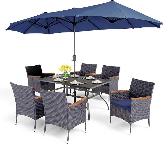 PHI VILLA 7pc Patio Dining Set w/Umbrella, Rectangular Table, Rattan Chairs | Outdoor Dining Set for 6, 60" Metal Table & 6 Cushioned Rattan Chairs with Navy Blue Umbrella for Outdoor, Deck, Yard, Porch