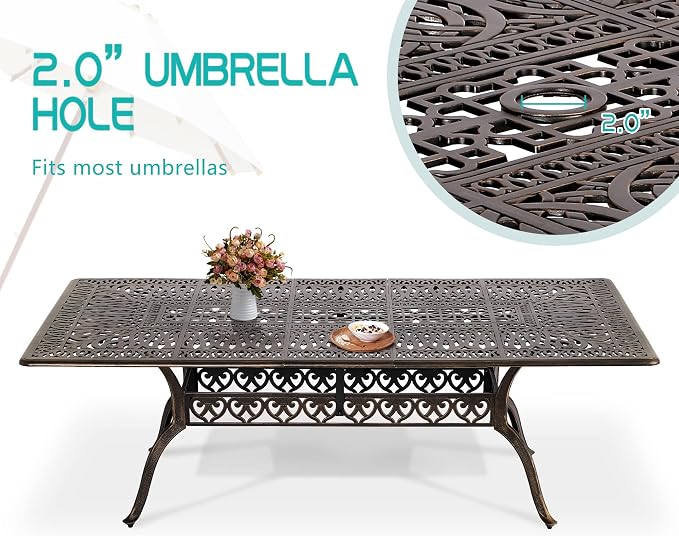 TITIMO 9-Piece Cast Aluminum Patio Furniture Set, Outdoor Patio Dining Set Bistro Conversation Set, Rectangular Dining Table Set w/Cushions Umbrella Hole (Khaki-Swivel Grid Chair, 9 Pcs)