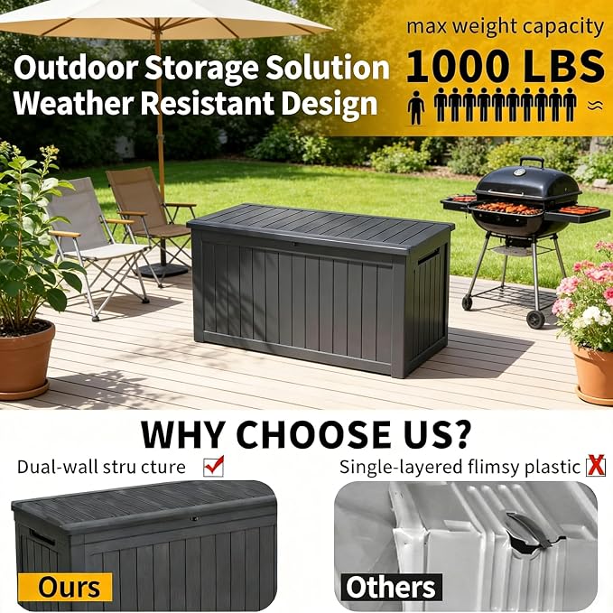 260 Gallon Lockable Resin XXL Deck Box, Waterproof Outdoor Storage Box for Patio Furniture Cushions, Garden Tools & Pool Accessories Storage, Black
