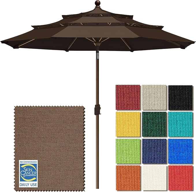 EliteShade USA 10-Year-Non-Fading 9ft 3-Tier Market Patio Umbrella, Commercial Grade Outdoor Table Umbrella with Crank Open, Windproof & UPF 50+ UV Protection, Heavy Duty Ventilation for Garden, Deck, Pool, Backyard, Beach & Bistro, Chestnut