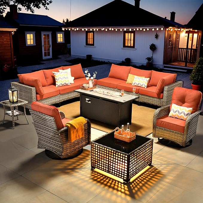 HOOOWOOO Outdoor Patio Furniture Set with Fire Pit Table,11 Pieces Wicker Out Door Sectional Furniture L Shaped Couch,Outside Patio Conversation Sets Swivel Chair,Orange Red