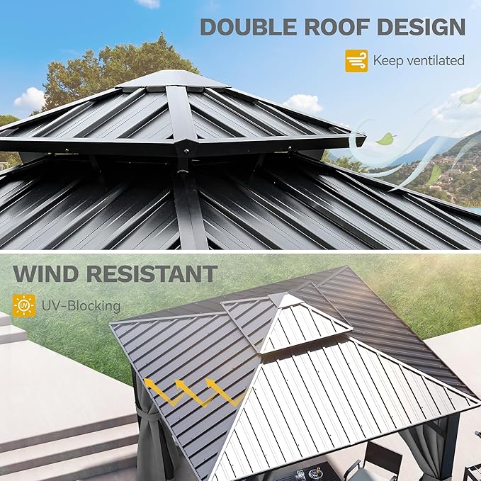 DWVO 10x10ft Gazebo Double Roof Hardtop with Nettings and Curtains, Heavy Duty Galvanized Steel Outdoor Vertical Stripes Roof for Patio, Backyard, Deck, Lawns, Grey