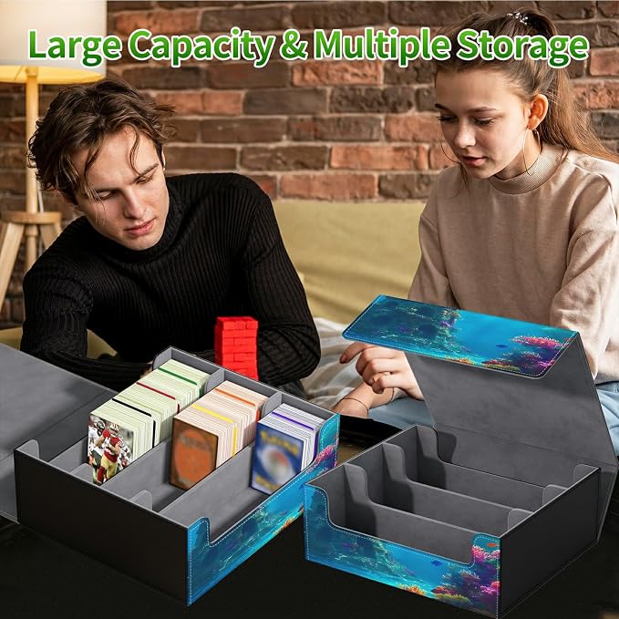 Large Card Deck Box for MTG, Fits 1200+ Sleeved Cards, PU Leather Storage Case with Strong Magnetic Closure, Multiple Colors for TCG CCG Baseball Card Collections, Underwater Castle