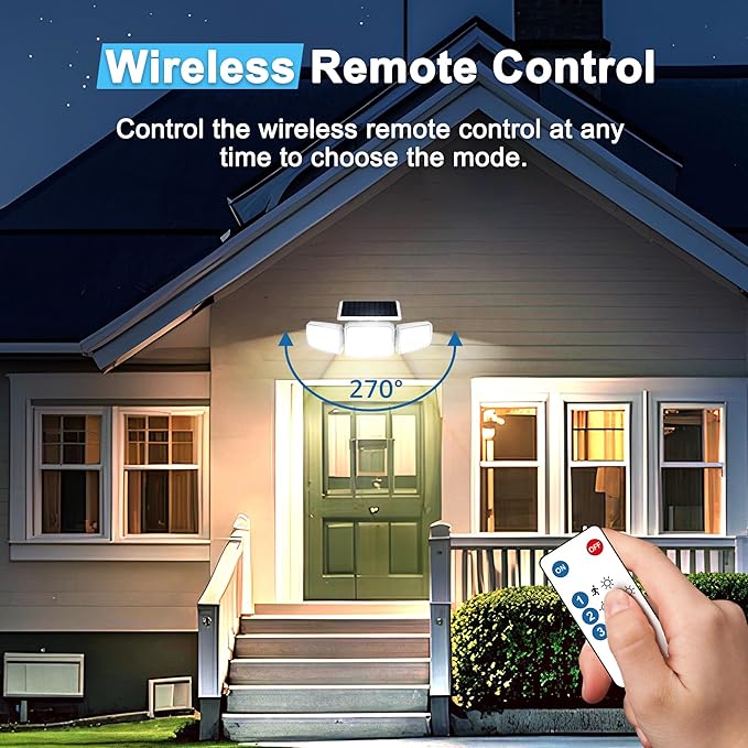 White Solar Security Light Outdoor Super Bright LED, Motion Sensor Flood Light, 3 Heads 270° Wide Angle, Remote Control, IP65 Waterproof, 3 Modes (1 Packs)