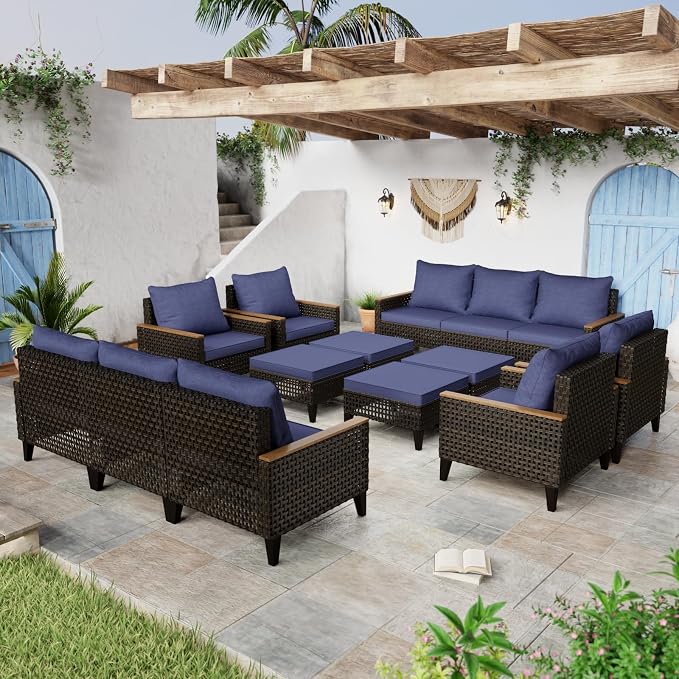 14 Piece Patio Furniture Set, All-Weather Wicker Rattan Outdoor Sectional Sofa Set with High Back and Thick Cushions, Large Conversation Set for Garden, Porch, Poolside, Blue