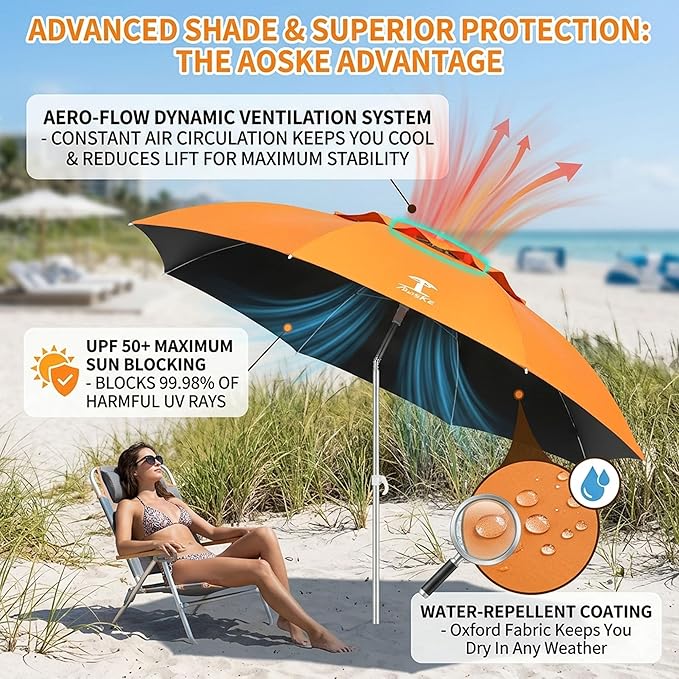7ft Beach Umbrella, Portable Wind Beach Umbrellas for Sand with Anchor and Carrying Bag, UPF50+ UV Protection Outdoor Sunshade Umbrella,Tilt Sun Shelter for Beach Patio Backyard