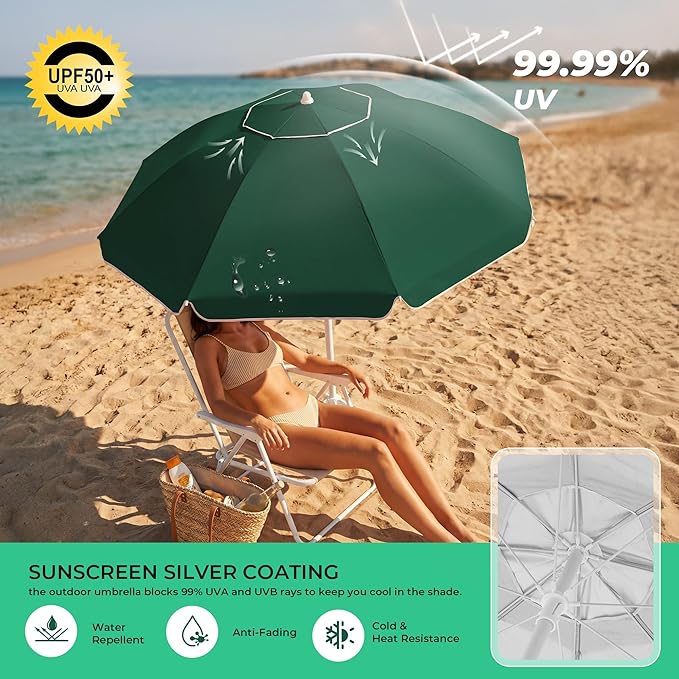 JEAREY 6.5ft Sun Shade Umbrellas, Portable Umbrella with Stand, Lightweight Sun Protection Free Standing Sport Umbrella for Outdoor Sports, Camping, Fishing, Patio, Beach, Dark Green
