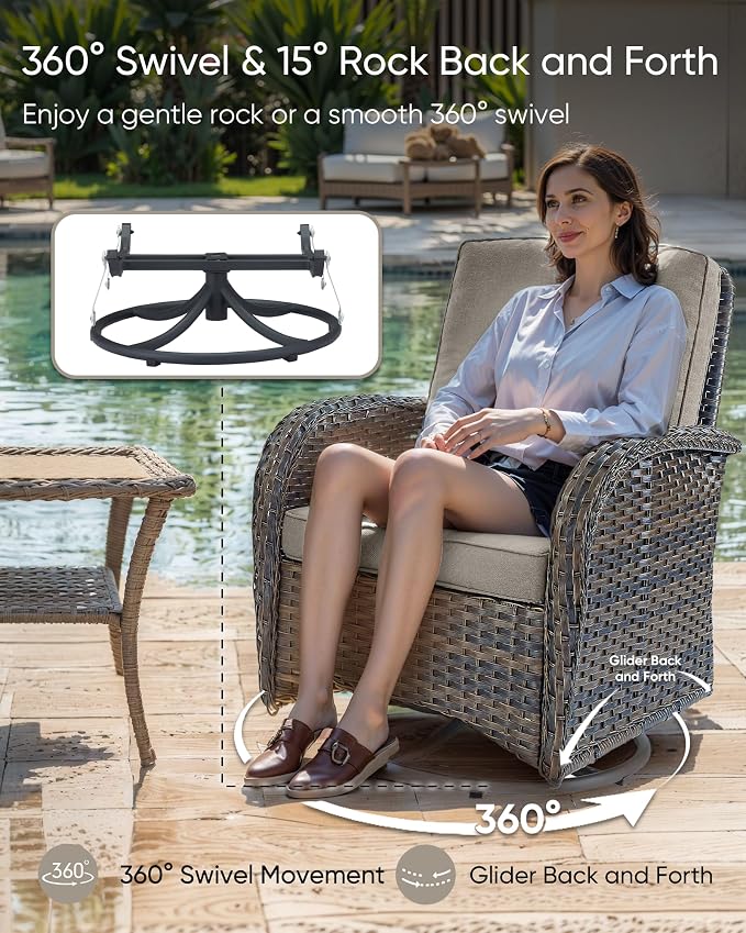HUMMUH Luxury Patio Furniture Set with High Back Swivel Rocker Chairs & 3 Seater-Couch & Steel Fire Pit Table 5 Pieces Outdoor Conversation Set for Porch,Deck,Backyard