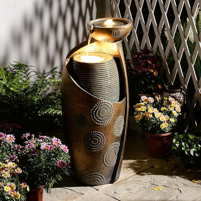 Tankana Outdoor Water Fountain Feature Indoor Garden Large Jar Floor Standing Fountains Waterfall with LED Light & Pump for Home Decor Office Yard Patio Deck Porch, Goldish-Bronze, 32 inches