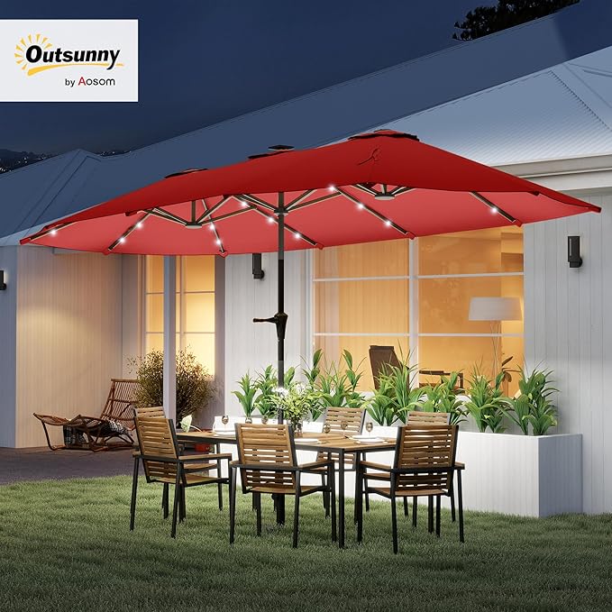 Outsunny 13ft Large Patio Umbrella with Solar Lights, Rectangular Double-Sided Outdoor Market Umbrella with Crank Handle and 48 LED Bulbs for Garden, Pool and Backyard, UPF 30+