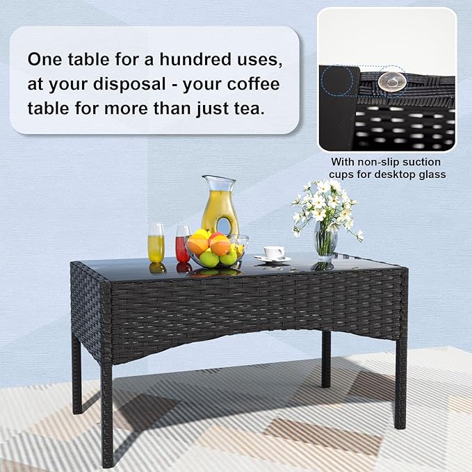 Gotland 4 Pieces Patio Furniture Set, Wicker Outdoor Furniture with 2 Chairs 1 Loveseat 1 Glass Coffee Table, Weather-Resistan Patio Set with Cushions, for Backyard Pool Porch Khaki