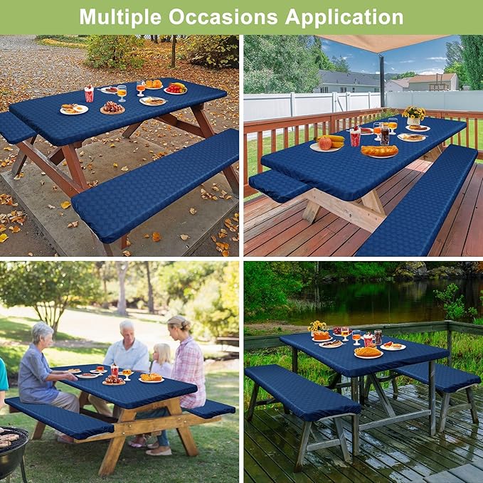 Play Tailor Picnic Table Cover with Bench Covers Camping Essentials Waterproof Windproof Camping Tablecloth with Drawstring Bag, Fitted Rectangle Tables and Seats, 72in, Deep Blue