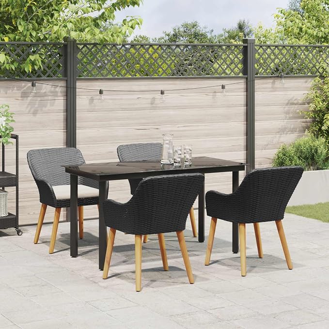 Garden Dining Set with Cushion 5 pcs Black Poly Rattan Outdoor Patio Furniture Table and 4 Chairs for Backyard Poolside Deck Porch Lawn Weather Resistant Easy Assembly