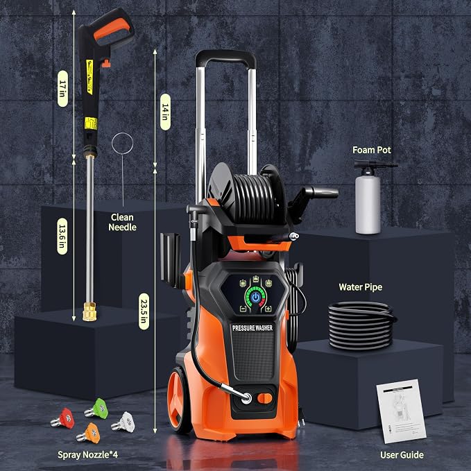 𝟓𝟎𝟎𝟎𝐏𝐒𝐈 𝐏𝐫𝐞𝐬𝐬𝐮𝐫𝐞 𝐖𝐚𝐬𝐡𝐞𝐫 Cleaner, Portable Car Washer with 4 Quick Connect Nozzles, Foam Cannon for Car Driveway Patio Fence (Orange)
