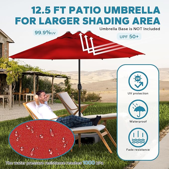 12.5ft Large Double-sided Pool Umbrella, Outdoor Patio Umbrella with Crank Handle, Market Umbrella for Garden, Backyard (Red)