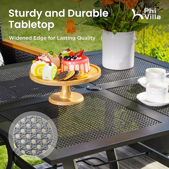 PHI VILLA Patio Table w/Umbrella Hole, Metal Table w/Mesh Top, Black | 37" wrought iron dining table for 4, weather resistant. Perfect for patio, deck, porch, backyard.