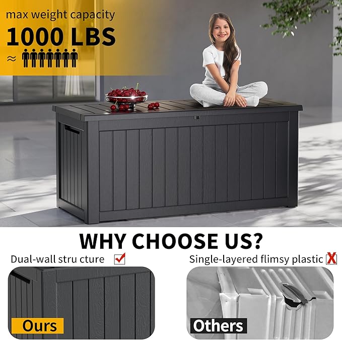 270 Gallon Resin Deck Box Waterproof Outdoor Storage Box for Patio Furniture Pool Accessories Indoor Storage for Cushion Garden Tools, Black