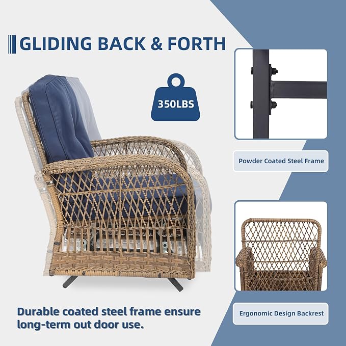 4-Piece Wicker Patio Furniture Sets Outdoor All-Weather Rattan Conversation Set Includes Glider Loveseat, Glass-Top Coffee Table, 2 Glider Rocker Chairs with Thickened Cushions, Navy Blue