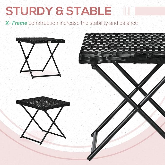 Outsunny Rattan Coffee Table Folding Patio Outdoor Side Table Wicker for Balcony, Porch, Poolside, 15.75"x15.75"x15.75", Black