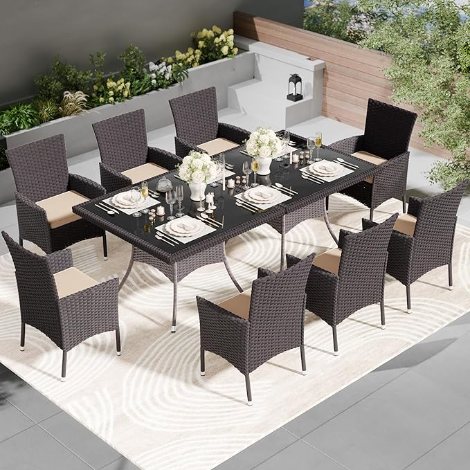 Kullavik 10 Pieces Outdoor Dining Set Patio Rattan Furniture Set,Patio Dining Table and Chairs Set with 8 Chairs and Cushions,Square Glass Tabletop with Umbrella Hole for Patio,Backyard,Sand