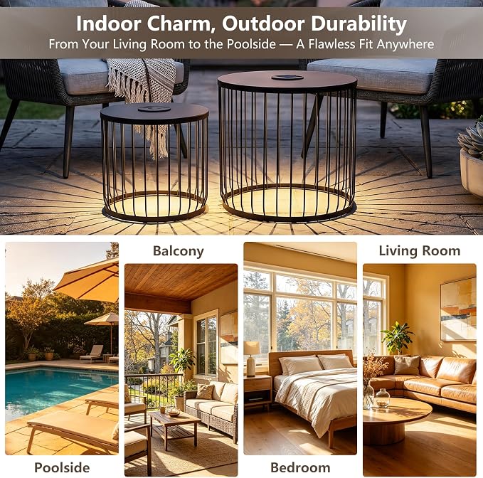 cinkehome Solar Outdoor Side Table Set of 2, All-Weather Metal Nesting Tables, Round End Table for Indoor, Patio, Poolside, Backyard, Matte Black