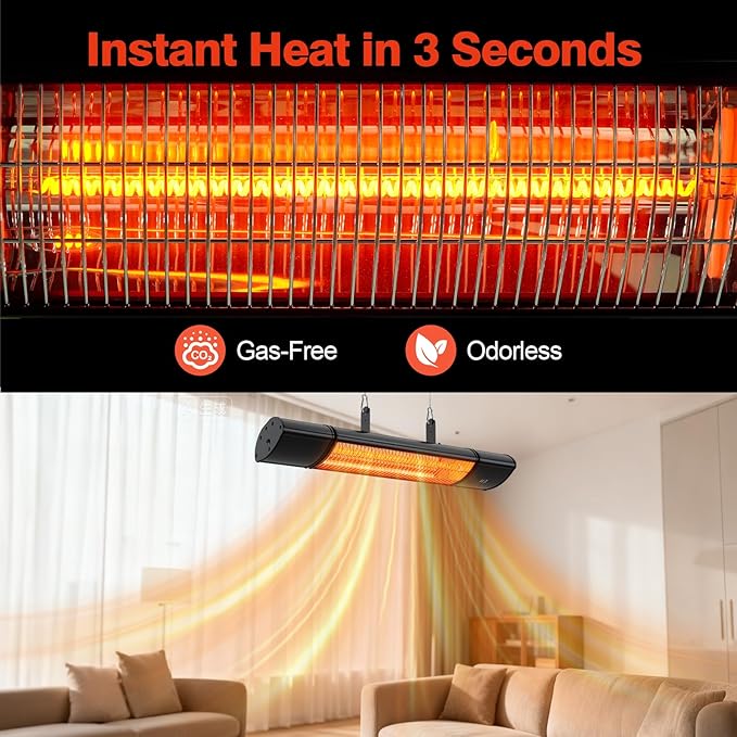 Electric Hanging Patio Heater with remote control, built in Temperature Control, Wall mounted or ceiling mounted, Suit for Outdoor, 1500W, Black