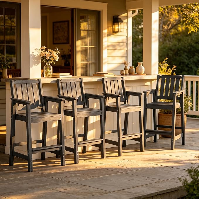 Takywep Set of 4 HDPE Wood Grain Outdoor Bar Stools, 27.7" High Counter Height Chairs with Armrests and Back, Weatherproof Pub Seating for Patio, Balcony, Garden, Deck, Backyard, Dark Grey
