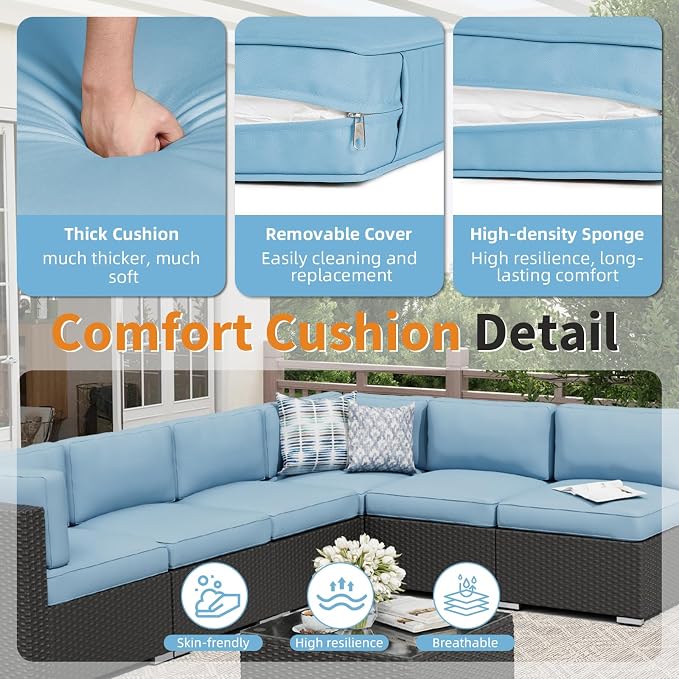 Oakcloud 7-Piece Outdoor Patio Furniture Black Rattan Wicker Sectional Sofa Conversation Set with Glass Top Table and Cushions (Haze Blue)