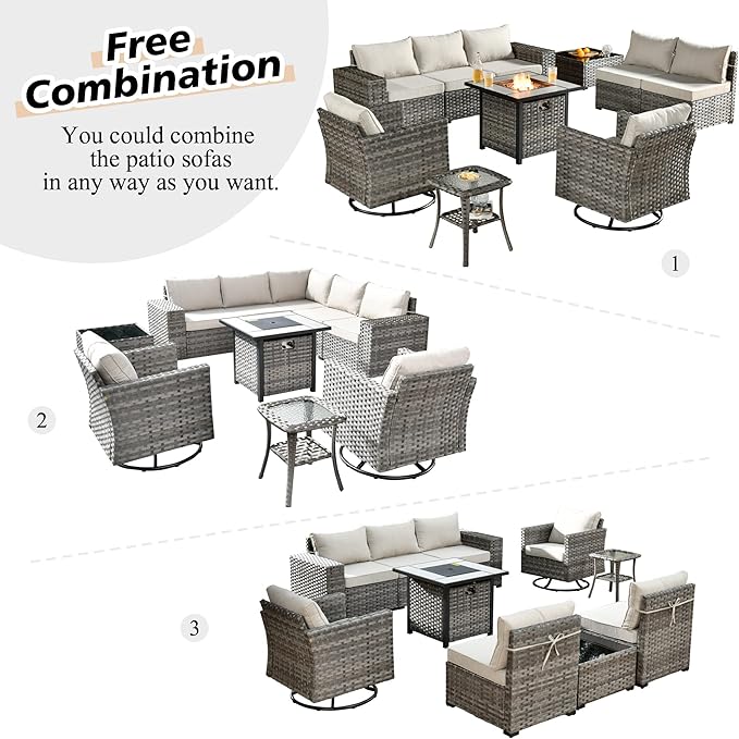 HOOOWOOO Outdoor Patio Sectional Furniture Sofa Set with Fire Pit Table,10 Piece Modern Wicker Couch with Swivel Chairs,Modular Conversation Seating Set with Widened Armrest for Garden(Beige Tan)