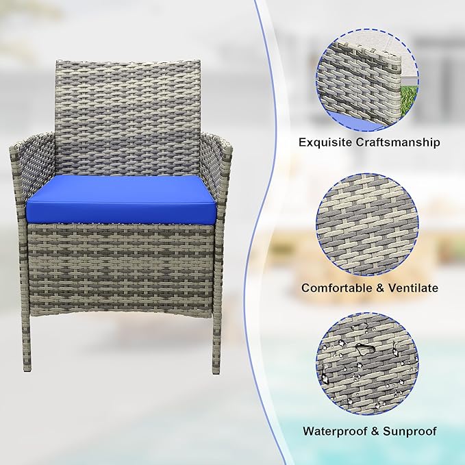 Patio Furniture Set 3 Pieces,Outdoor Patio Conversation Sets, PE Rattan Wicker Furniture Sets with 2 Chairs,Soft Cushion and 1 Coffee Table, Bistro Set of 2 for Backyard Balcony Porch Apartments,Grey