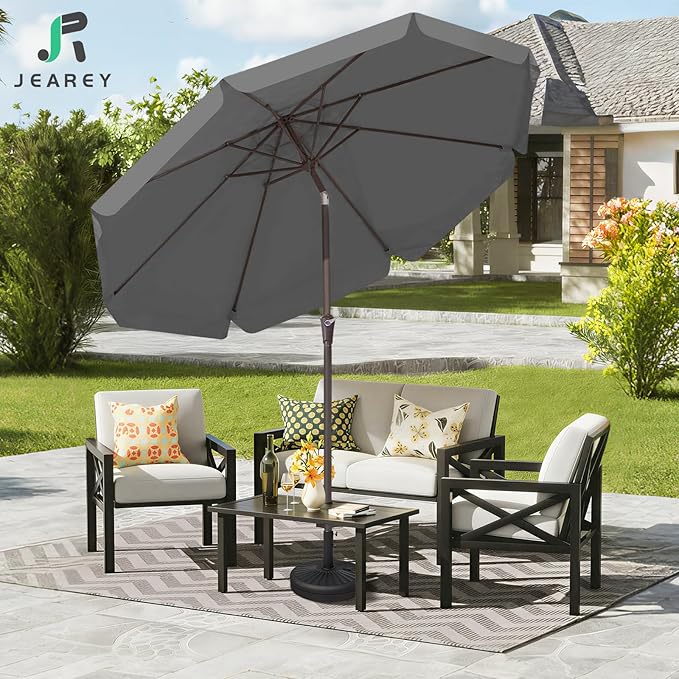 JEAREY 9 FT Patio Umbrella Outdoor, Table Umbrellas Market Umbrella w/Push Button Tilt/Crank, 8 Sturdy Ribs(Gray)