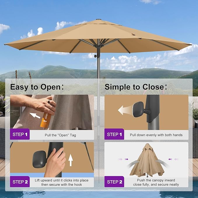 PURPLE LEAF 13 FT Commercial Round Patio Market Table Sun Umbrella Semi Auto Open All Weather Maximum Coverage for Hotel Resort Cafe Restaurant Garden Business Use Beige
