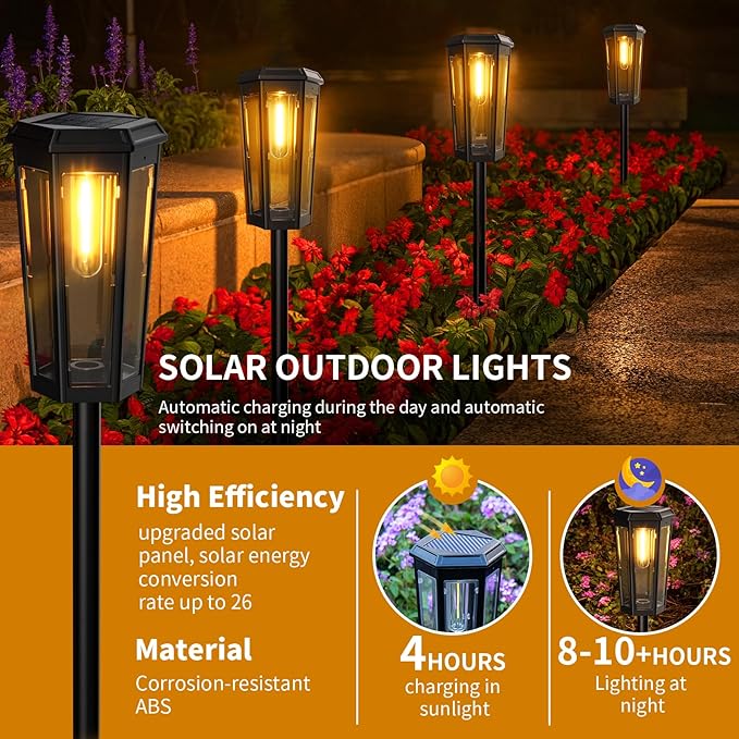KINKAI Solar Pathway Lights Outdoor - 6 Pack Taller Garden Lights Bright LED Driveway Light Solar Powered Edison Bulb Landscape Lighting for Outside Walkway Patio Sidewalk Yard (Warm Light)