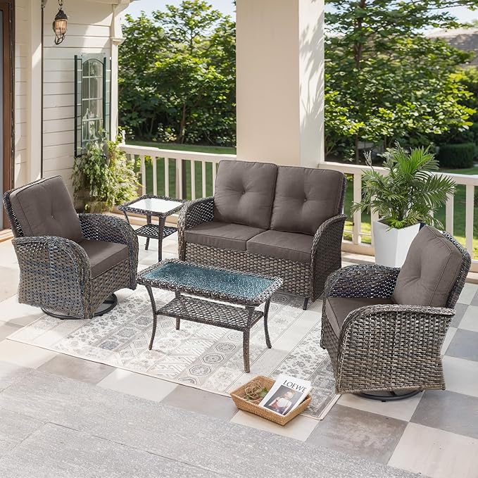 5 Pieces Patio Furniture Set-Outdoor Rocking Chairs Set of 2 Outdoor Glider Bench with Wicker Outdoor Coffee Table for Deck Lawn Porch Balcony Poolside-Brown/Grey