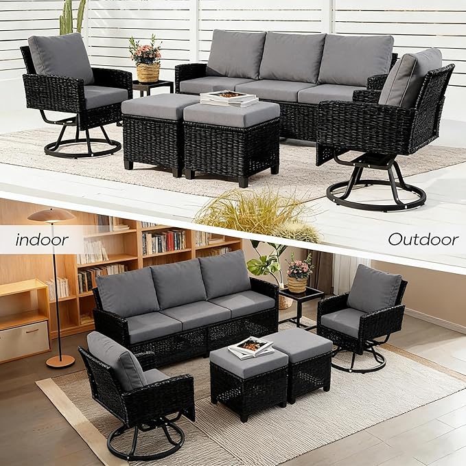 6 Piece Outdoor Furniture Set, Rattan Patio Furniture with 2 Swivel Chairs, 3-Seat Sofa, 2 Ottoman & Side Table, All-Weather Conversation Set for Porch Garden Lawn Balcony (Black & Gray)