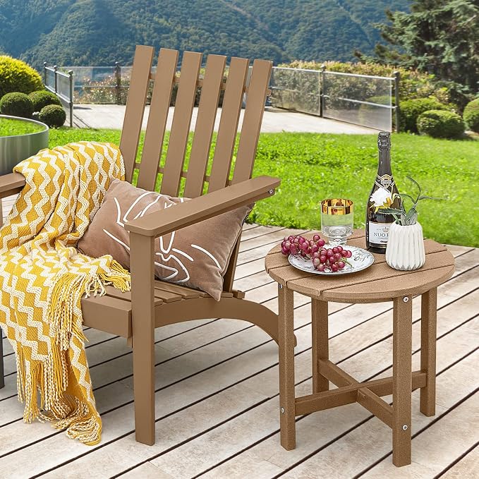 Tangkula Round Outdoor Side Table, 18 Inch Weather Resistant HDPE Adirondack Table, Outdoor Indoor Chairside End Tables, Patio Side Table for Lawn Garden Balcony Backyard, Easy Assembly (1, Brown)