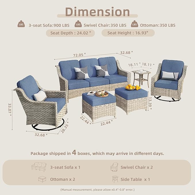 6-Piece Patio Furniture Set, Outdoor Conversation Set Sectional Sofa with Rocking Chairs and Water Resistant Cushions, Light Blue