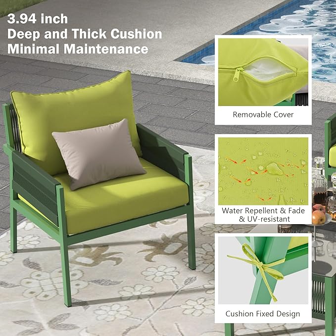 K&K 4-Piece Rope Patio Furniture Set, Outdoor Furniture with Tempered Glass Table, Patio Conversation Set Deep Seating with Thick Cushion for Backyard Porch Balcony (Fluorescent Yellow & Green)
