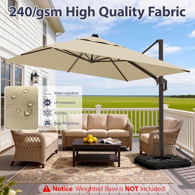 10' X 10' Patio Umbrella Cantilever Outdoor Rectangle Umbrella with Base Included, Heavy Duty 360°Rotation Offset Umbrella for Garden Deck Pool Patio, Beige